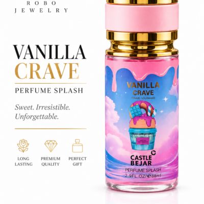 Vanilla Crave Crave Gourmand by Castle Bejar 88ml perfume splash bottle with pink and blue dessert-inspired label and gold cap, available at Robo Jewelry Ghana.