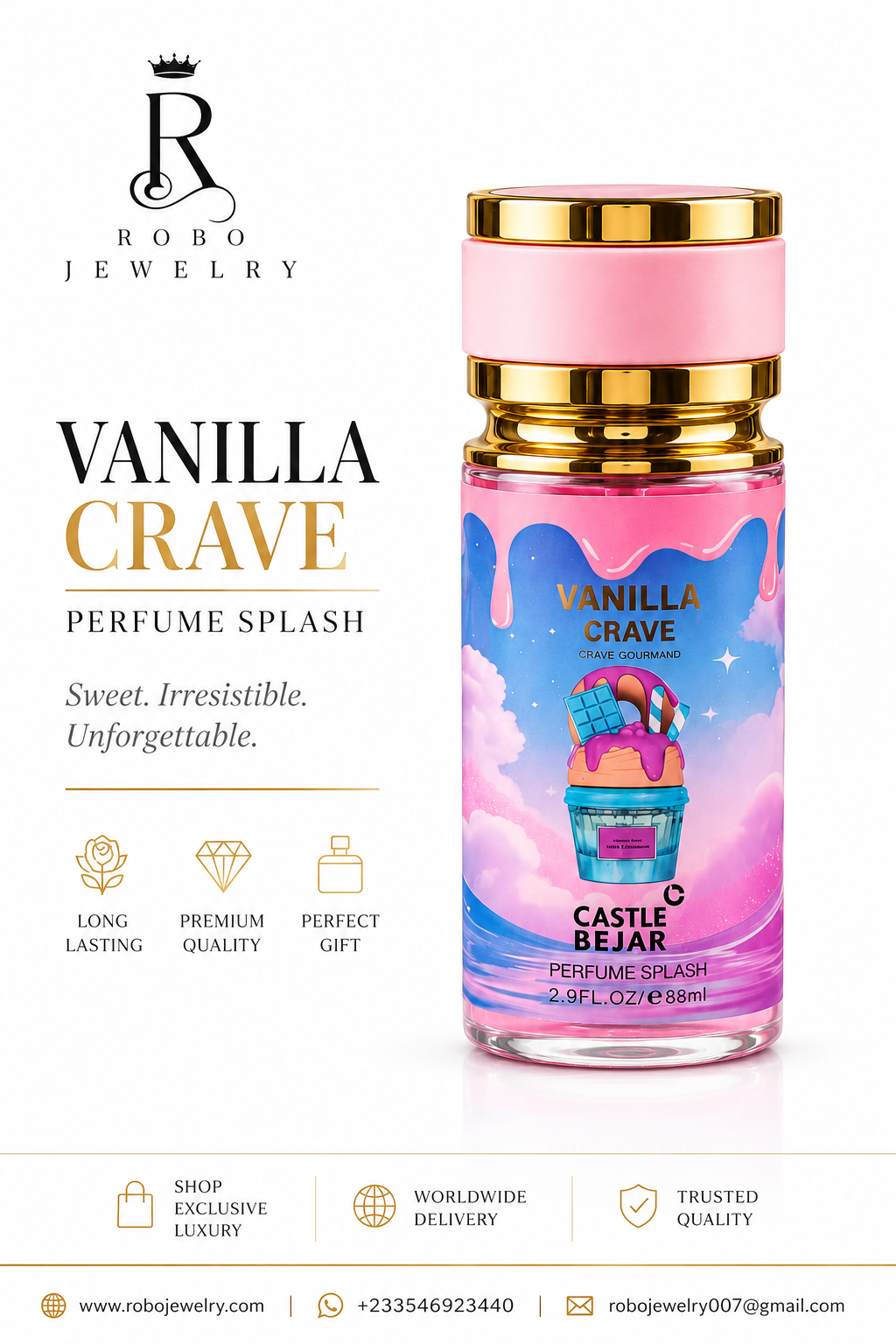 Vanilla Crave Crave Gourmand by Castle Bejar 88ml perfume splash bottle with pink and blue dessert-inspired label and gold cap, available at Robo Jewelry Ghana.