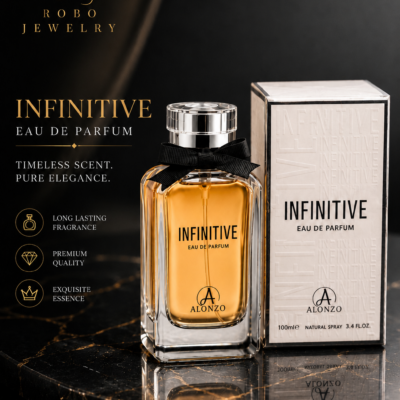 Alonzo Infinitive Eau de Parfum 100ml | Luxury Perfume Ghana Luxury Alonzo Infinitive Eau de Parfum 100ml displayed in an elegant glass bottle beside its premium packaging.