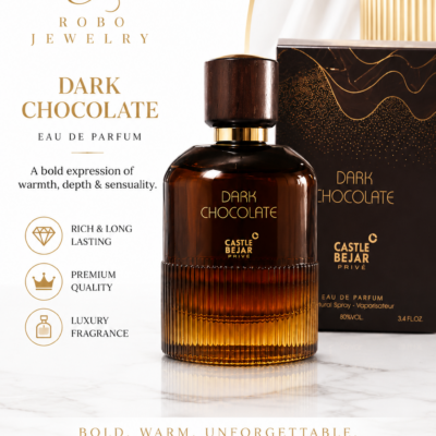 Elegant luxury fragrance poster for Dark Chocolate by Castle Bejar Privé Eau de Parfum 100ml, showcasing warm amber bottle and premium packaging.
