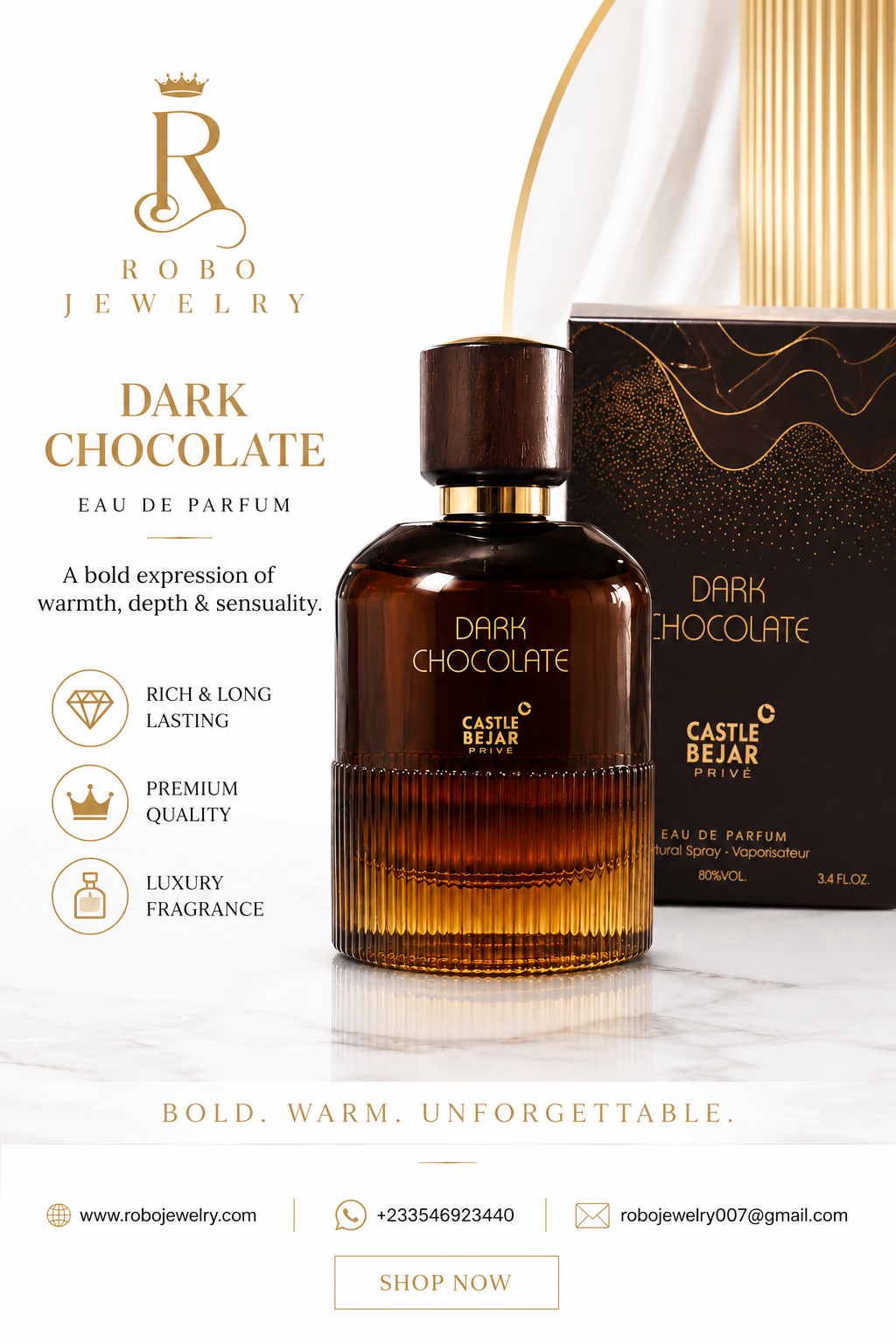 Elegant luxury fragrance poster for Dark Chocolate by Castle Bejar Privé Eau de Parfum 100ml, showcasing warm amber bottle and premium packaging.