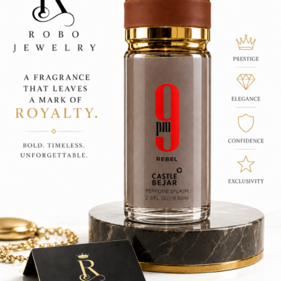 Luxury product image of 9PM Rebel unisex perfume splash with gold cap, red logo and elegant bottle design.