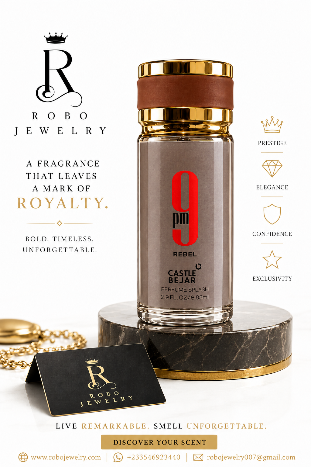 Luxury product image of 9PM Rebel unisex perfume splash with gold cap, red logo and elegant bottle design.