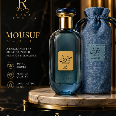 Mousuf Azure Eau de Parfum by Ard Al Zaafaran displayed beside its luxury blue fabric pouch with elegant gold accents.