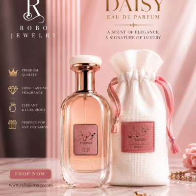 Mousuf Daisy Eau de Parfum 100ml by Ard Al Zaafaran luxury floral perfume for women displayed with premium gift pouch.