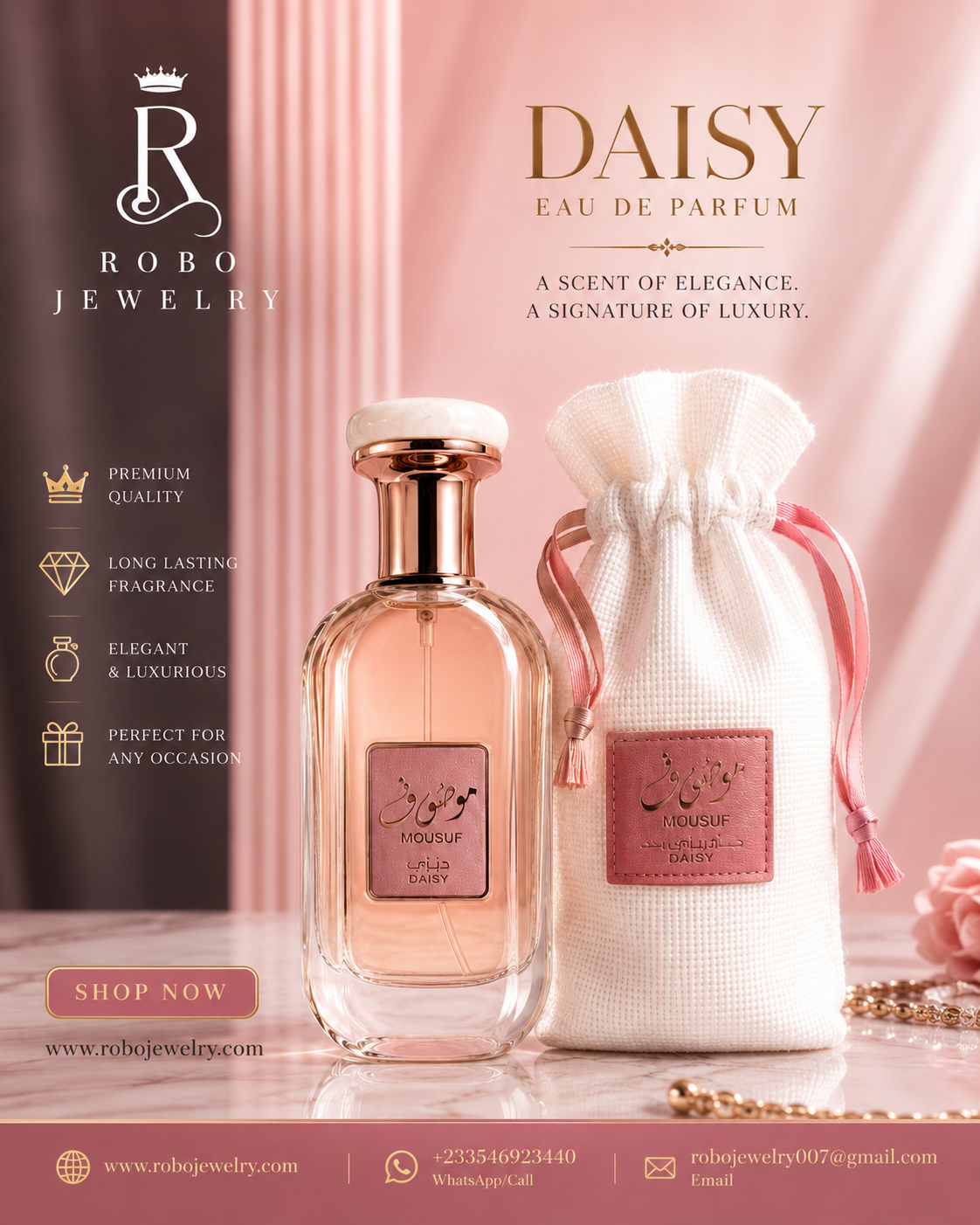 Mousuf Daisy Eau de Parfum 100ml by Ard Al Zaafaran luxury floral perfume for women displayed with premium gift pouch.