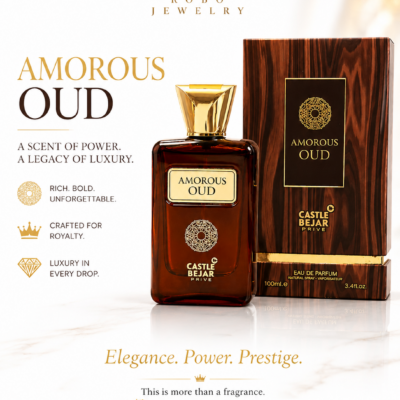 Luxury Amorous Oud Eau de Parfum 100ml by Castle Bejar Privé displayed with amber bottle, gold detailing, and premium packaging.