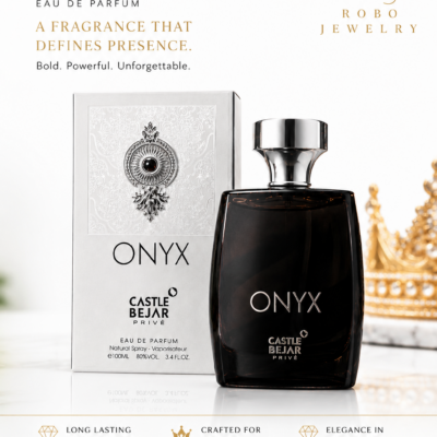 Onyx by Castle Bejar Privé 100ml Eau de Parfum bottle beside luxury presentation box.