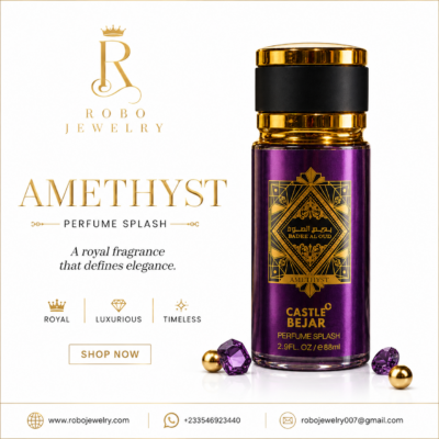 Luxury purple Bade’E Al Oud Amethyst perfume splash bottle with gold cap and ornate label, featuring rose, oud, amber, and vanilla fragrance notes.