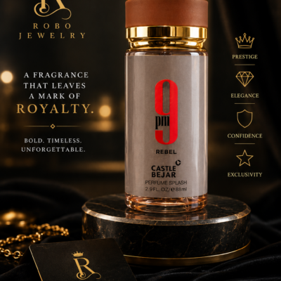Luxury product image of 9PM Rebel unisex perfume splash with gold cap, red logo and elegant bottle design.