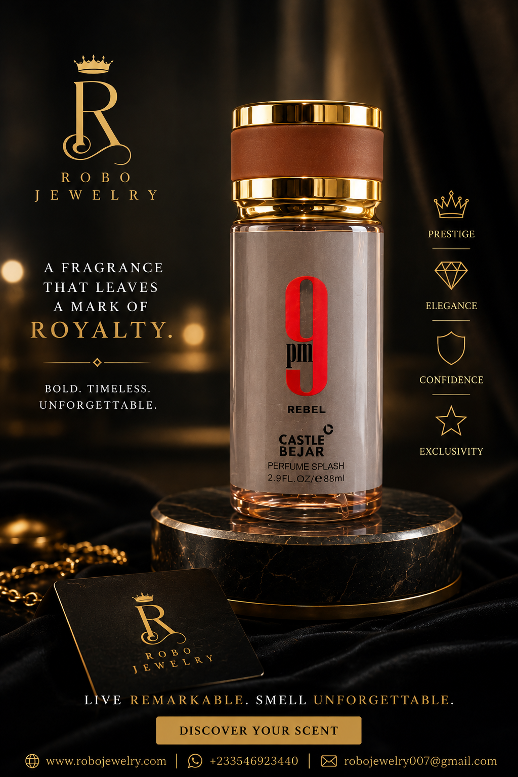 Luxury product image of 9PM Rebel unisex perfume splash with gold cap, red logo and elegant bottle design.
