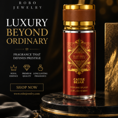 Elegant red and gold perfume bottle for Bade’E Al Oud Sublime by Castle Bejar, sold by Robo Jewelry Ghana.