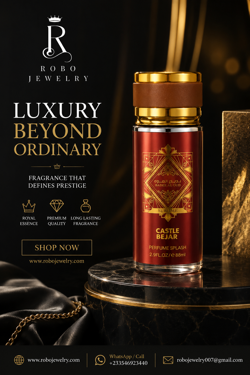 Elegant red and gold perfume bottle for Bade’E Al Oud Sublime by Castle Bejar, sold by Robo Jewelry Ghana.