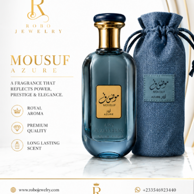 Mousuf Azure Eau de Parfum by Ard Al Zaafaran displayed beside its luxury blue fabric pouch with elegant gold accents.