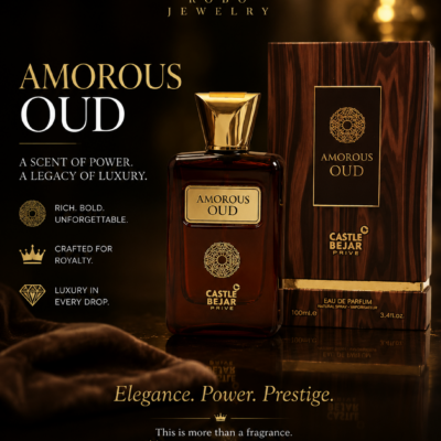 Luxury Amorous Oud Eau de Parfum 100ml by Castle Bejar Privé displayed with amber bottle, gold detailing, and premium packaging.