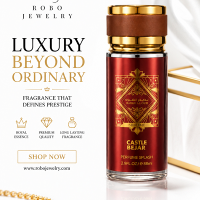 Elegant red and gold perfume bottle for Bade’E Al Oud Sublime by Castle Bejar, sold by Robo Jewelry Ghana.