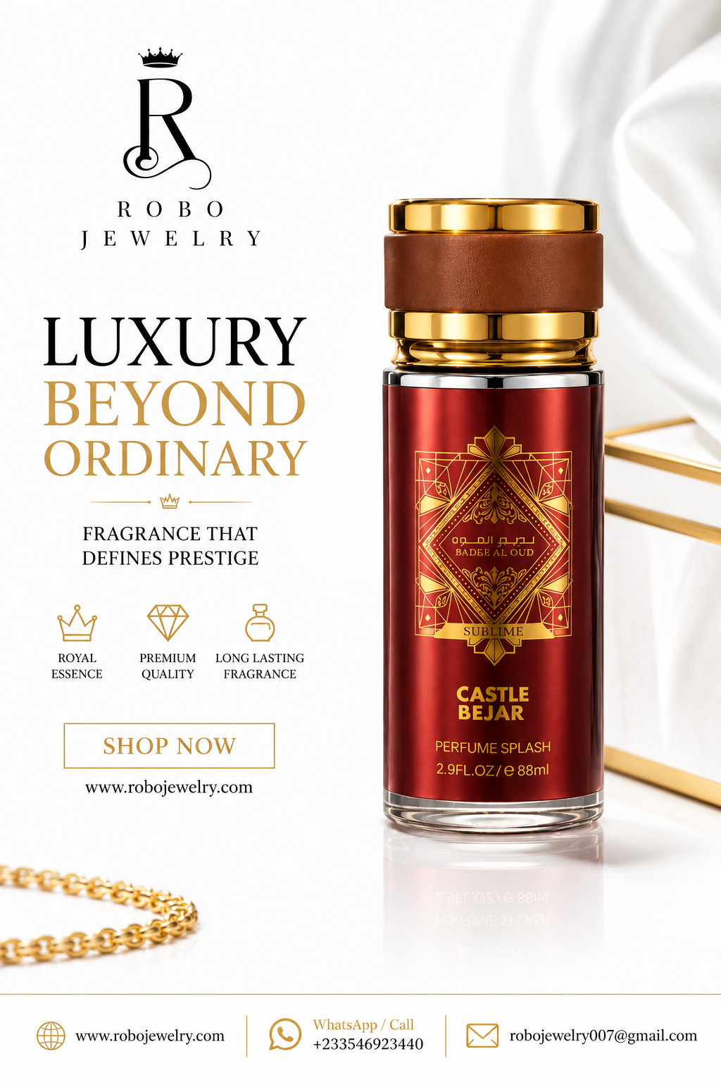 Elegant red and gold perfume bottle for Bade’E Al Oud Sublime by Castle Bejar, sold by Robo Jewelry Ghana.