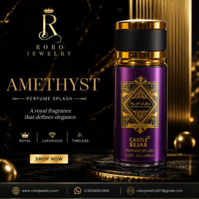 Bade’E Al Oud Amethyst 88ml | Robo Jewelry Ghana Luxury purple Bade’E Al Oud Amethyst perfume splash bottle with gold cap and ornate label, featuring rose, oud, amber, and vanilla fragrance notes.