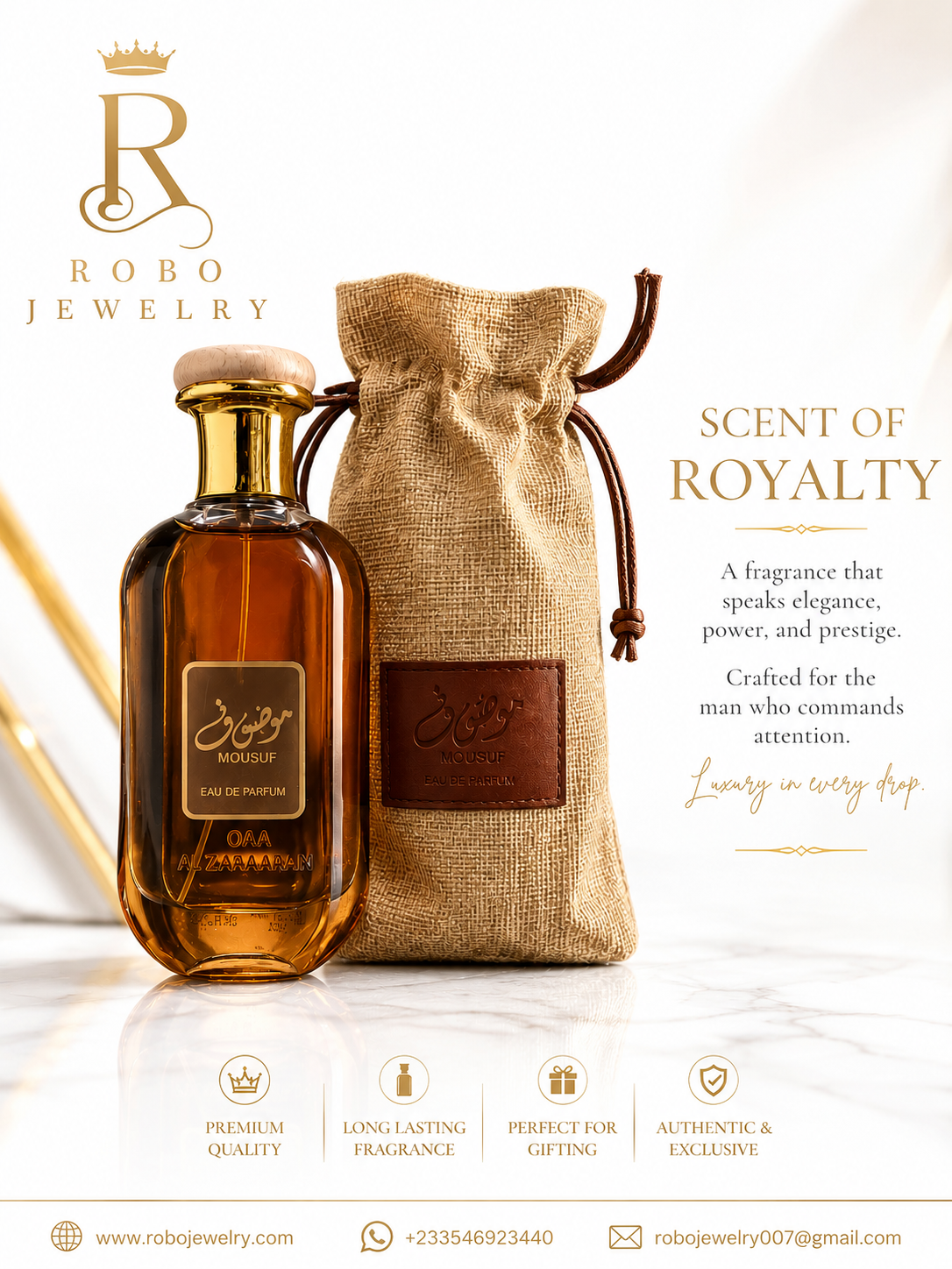 Mousuf Brown by Ard Al Zaafaran luxury unisex Eau de Parfum 100ml displayed with premium fabric pouch packaging.