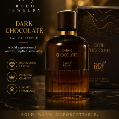 Dark Chocolate Castle Bejar Privé EDP | Robo Jewelry Elegant luxury fragrance poster for Dark Chocolate by Castle Bejar Privé Eau de Parfum 100ml, showcasing warm amber bottle and premium packaging.