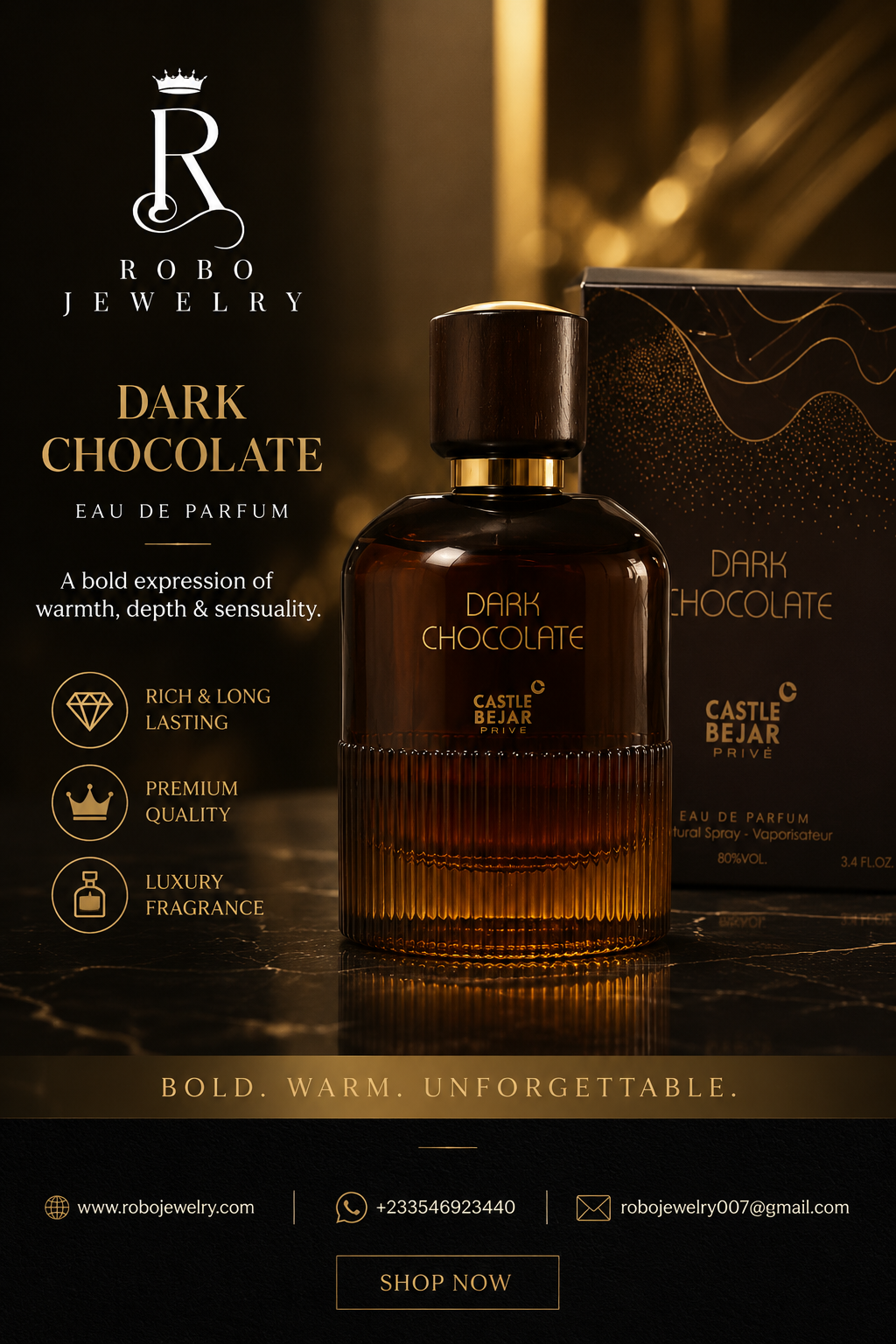 Elegant luxury fragrance poster for Dark Chocolate by Castle Bejar Privé Eau de Parfum 100ml, showcasing warm amber bottle and premium packaging.