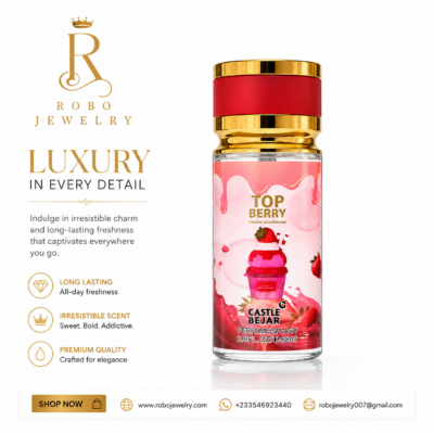 Top Berry Crave Gourmand 88ml Perfume Splash by Castle Bejar with red and gold bottle design, available at Robo Jewelry Ghana.