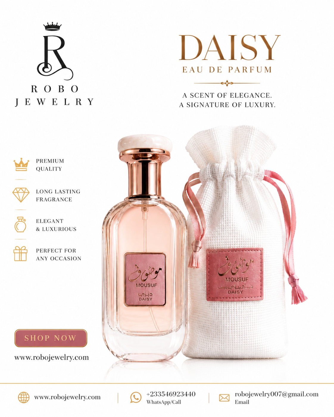 Mousuf Daisy Eau de Parfum 100ml by Ard Al Zaafaran luxury floral perfume for women displayed with premium gift pouch.