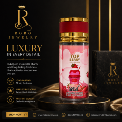 Top Berry Crave Gourmand Perfume | Robo Jewelry Top Berry Crave Gourmand 88ml Perfume Splash by Castle Bejar with red and gold bottle design, available at Robo Jewelry Ghana.