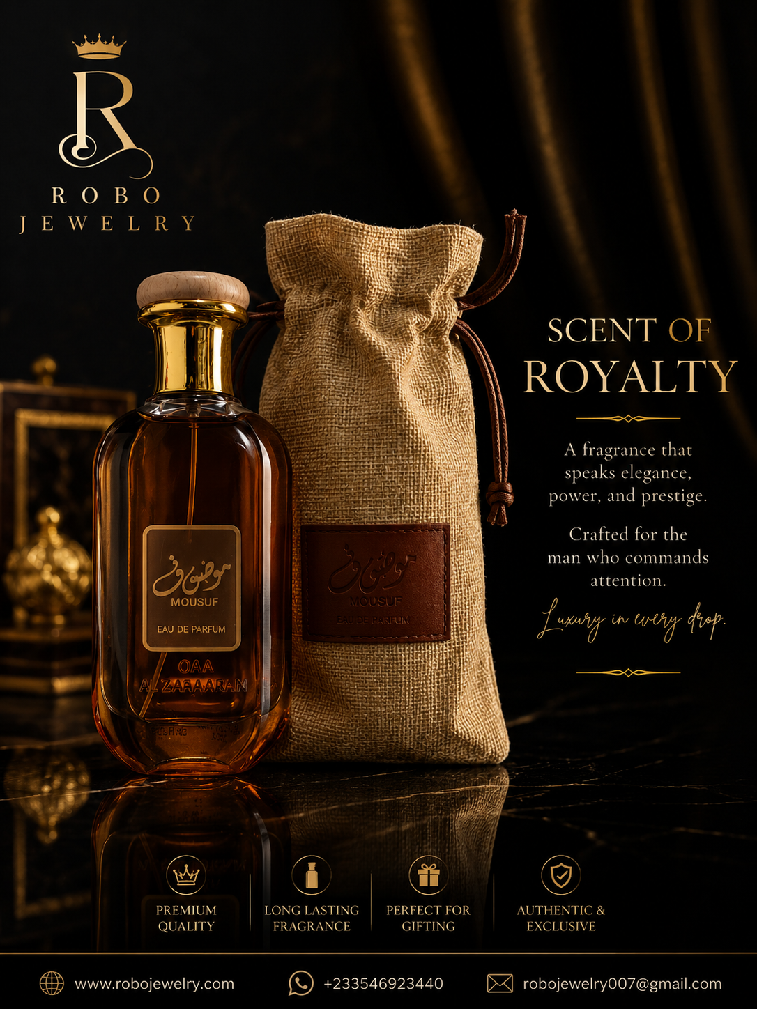 Mousuf Brown by Ard Al Zaafaran luxury unisex Eau de Parfum 100ml displayed with premium fabric pouch packaging.