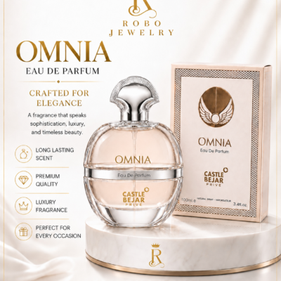 Elegant Omnia perfume bottle with silver cap, blush fragrance liquid, and premium Castle Bejar Privé packaging.