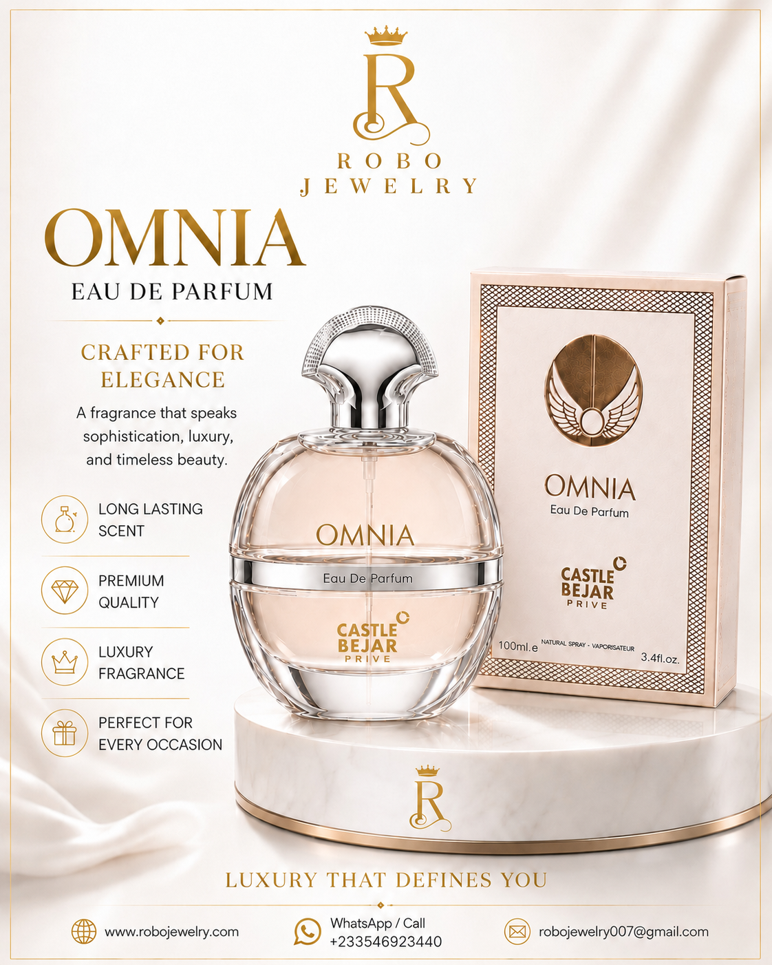 Elegant Omnia perfume bottle with silver cap, blush fragrance liquid, and premium Castle Bejar Privé packaging.