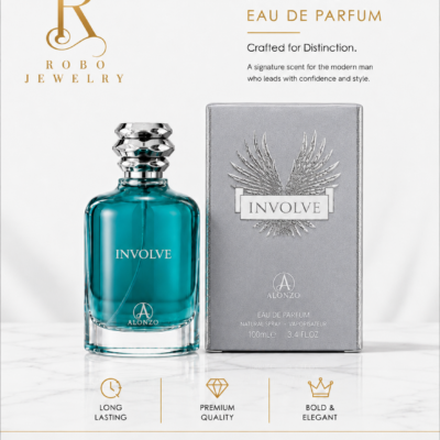 Luxury product image showing Involve by Alonzo perfume bottle with polished silver cap and elegant silver-grey box.