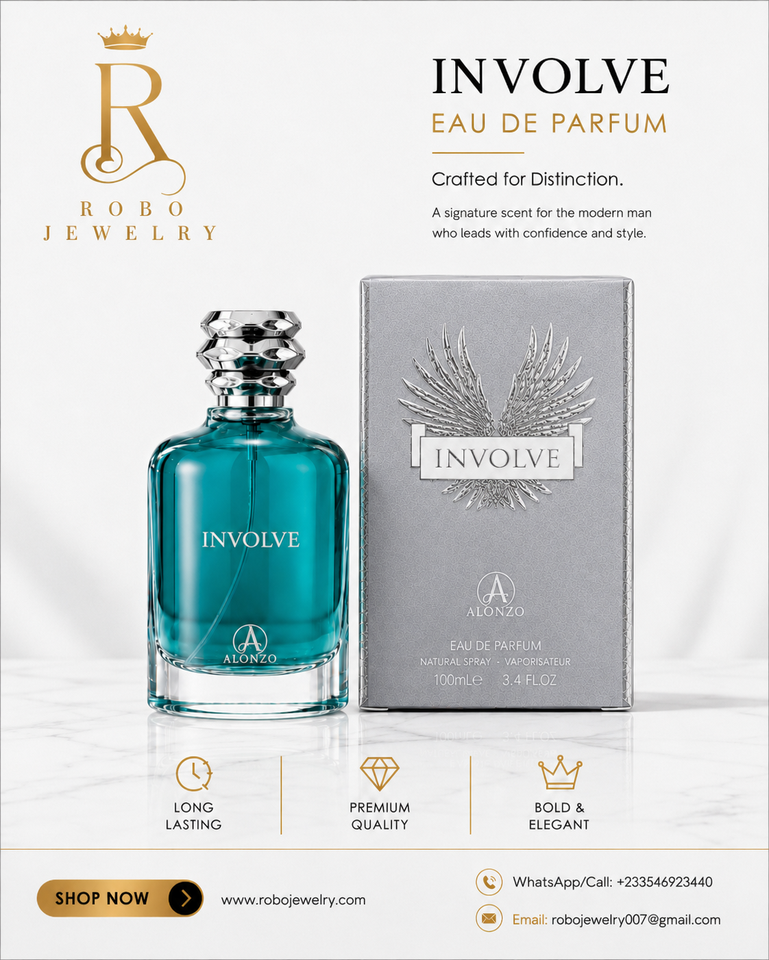 Luxury product image showing Involve by Alonzo perfume bottle with polished silver cap and elegant silver-grey box.