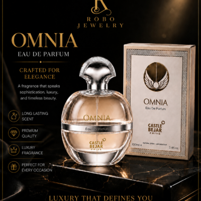 Elegant Omnia perfume bottle with silver cap, blush fragrance liquid, and premium Castle Bejar Privé packaging.