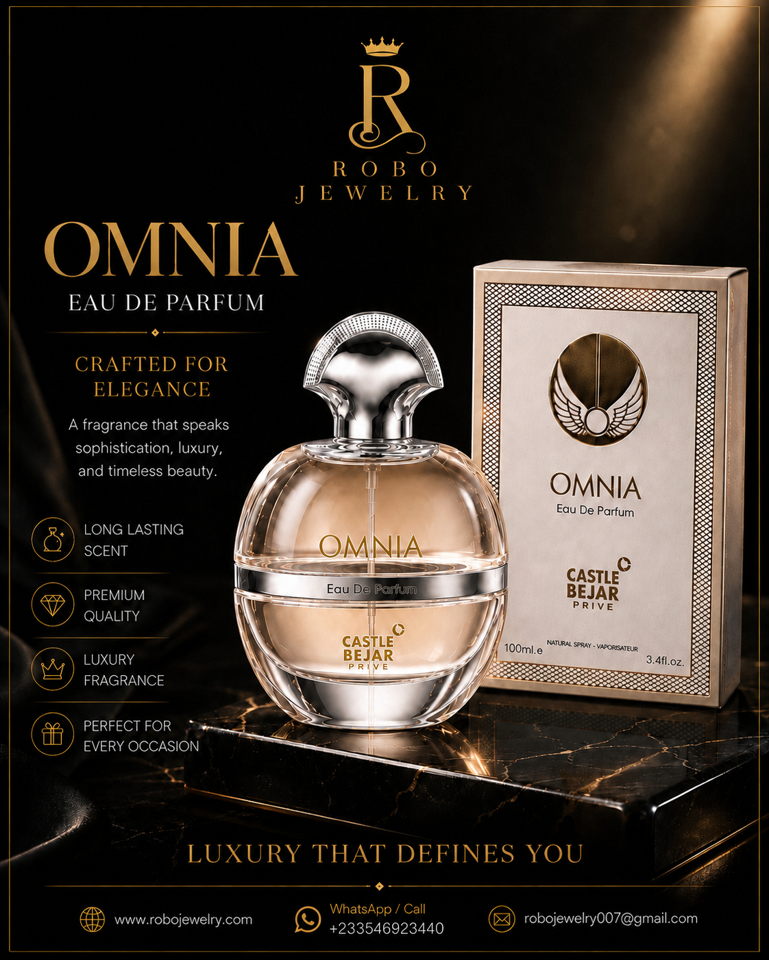 Elegant Omnia perfume bottle with silver cap, blush fragrance liquid, and premium Castle Bejar Privé packaging.