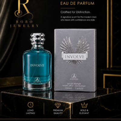 Involve by Alonzo 100ml EDP | Robo Jewelry Ghana Luxury product image showing Involve by Alonzo perfume bottle with polished silver cap and elegant silver-grey box.