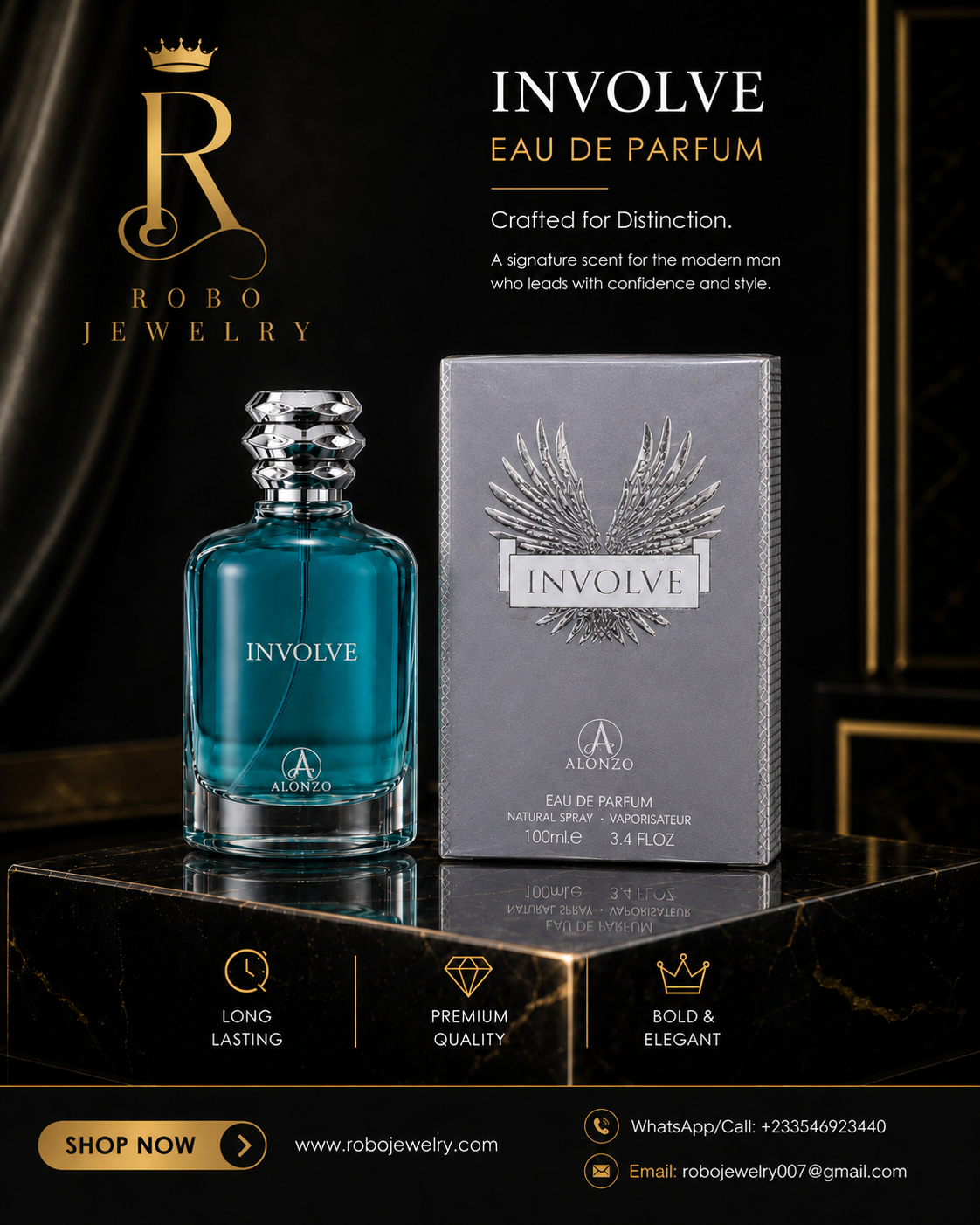 Luxury product image showing Involve by Alonzo perfume bottle with polished silver cap and elegant silver-grey box.