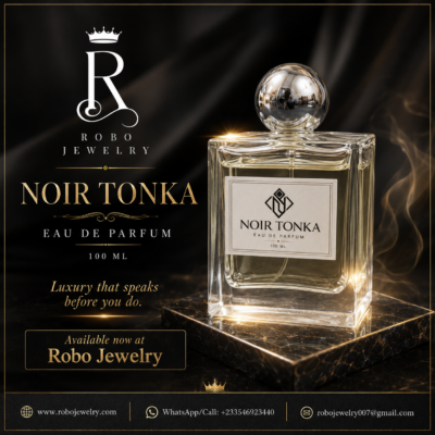 Black-and-gold Robo Jewelry promotional flyer featuring Noir Tonka 100ml Eau de Parfum on a dark marble platform with soft golden smoke and luxury lighting.