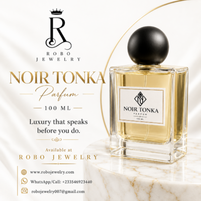 Noir Tonka 100ml Parfum bottle displayed on white marble beside the black Robo Jewelry logo, with gold product lettering and contact information. Noir Tonka 100ml luxury oud and tonka parfum by Robo Jewelry on an elegant white-and-gold promotional background.