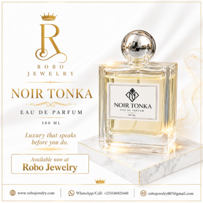White luxury Robo Jewelry flyer featuring a clear square bottle of Noir Tonka 100ml Eau de Parfum on a white marble platform beside the black crowned Robo Jewelry logo.